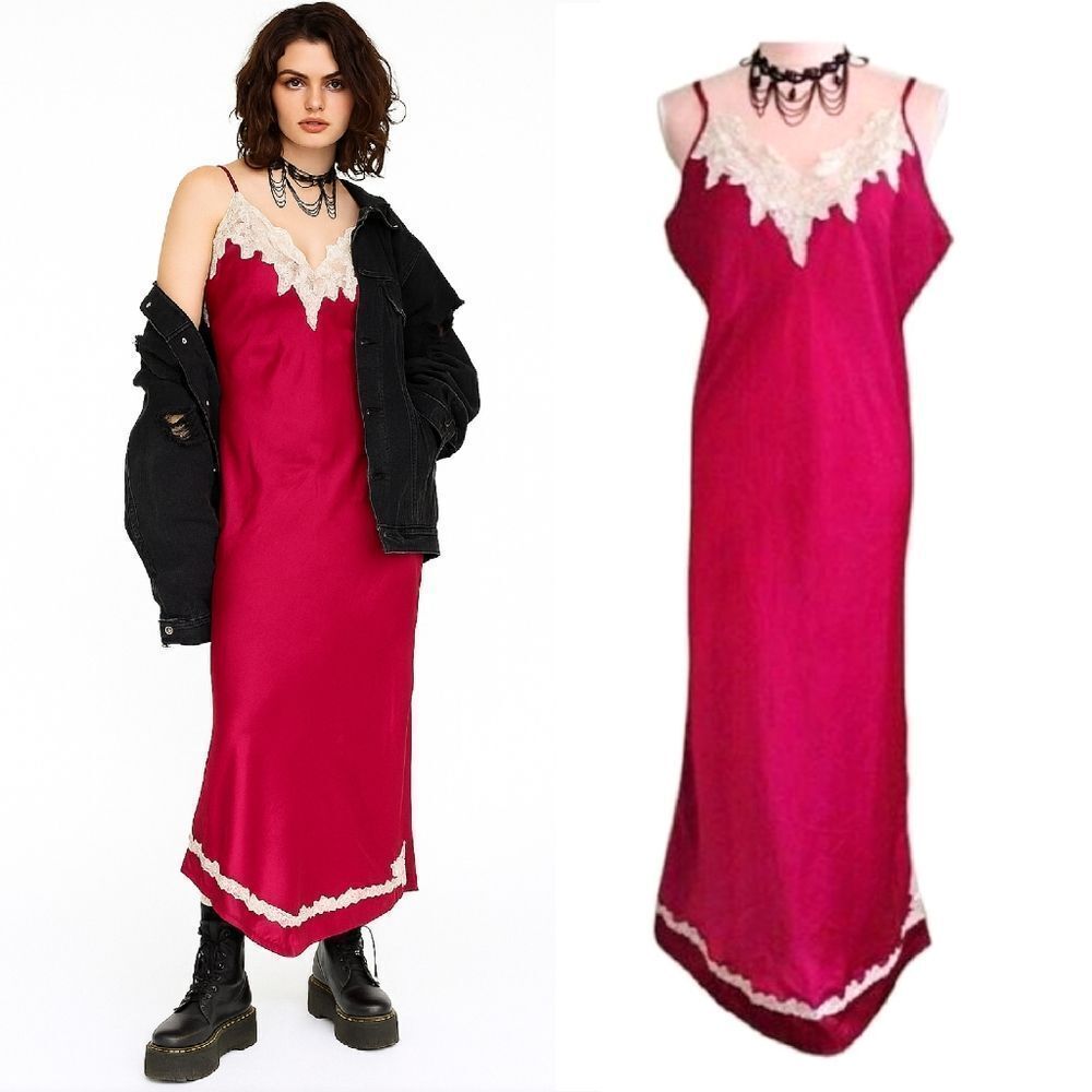 VTG 90s Red Satin White Lace Trim Long Slitted Lingerie Slip Dress Large